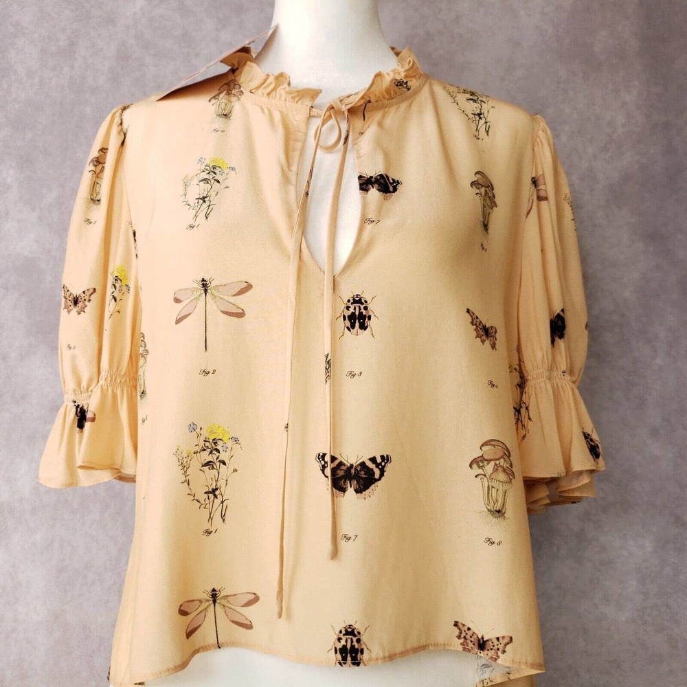 TVF DVF Cropped Ruffle Grove Blouse Size Medium Butterfly Flower Mushroom Prints